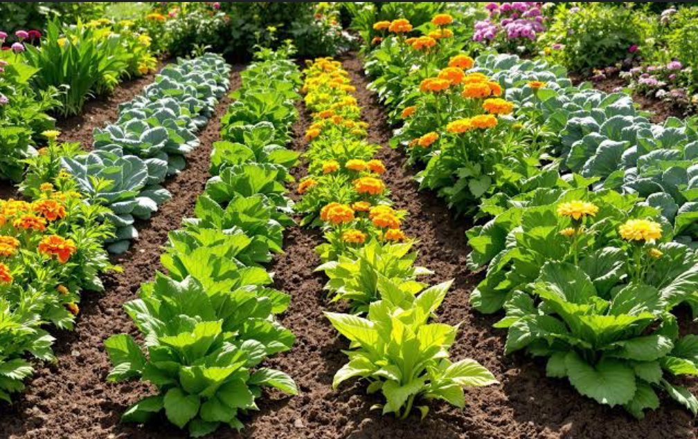 Rows of Marigold interspersed with other plants