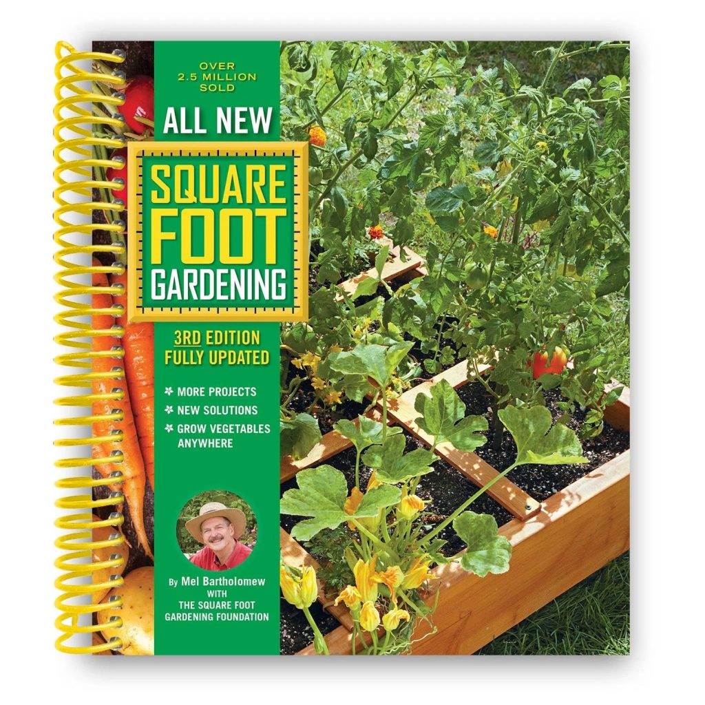 Cover of the 'All New Square Foot Gardening' book, 3rd edition, featuring a lush raised bed of vegetables.