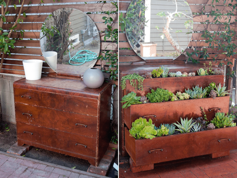 Old drawers repurposed into charming garden containers