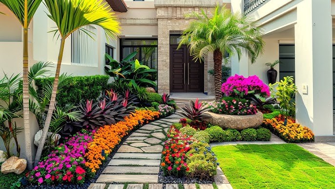 A paved pathway edged by blooms leading to a home's front door.