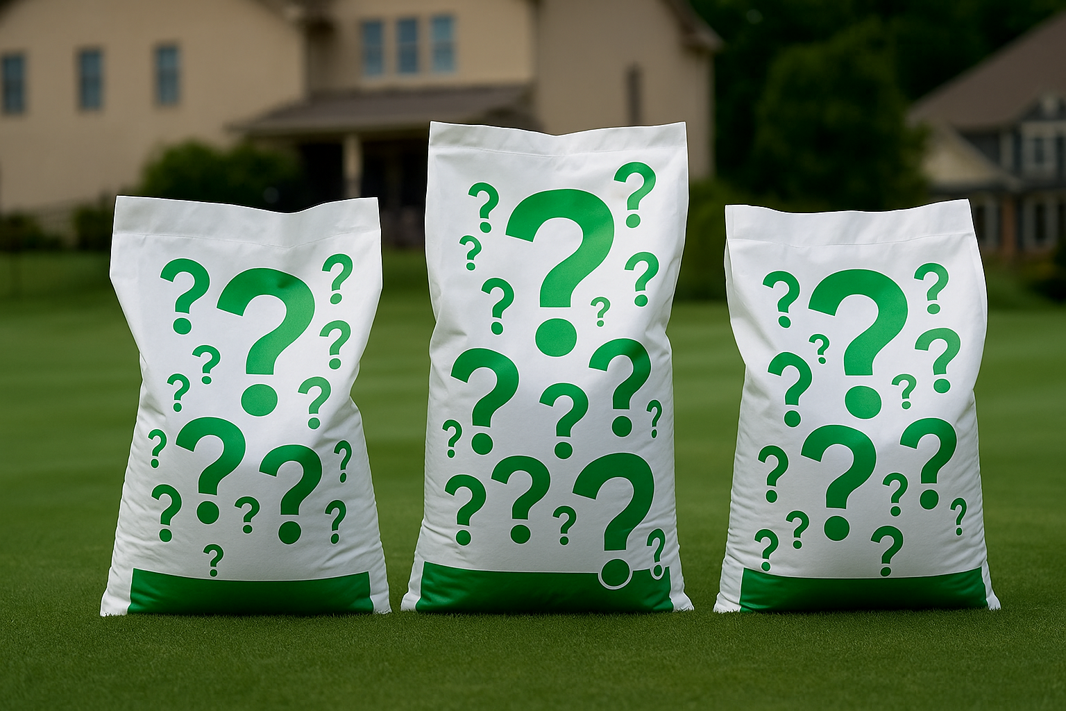 Fertilizer bags on a lawn with question marks of different sizes.