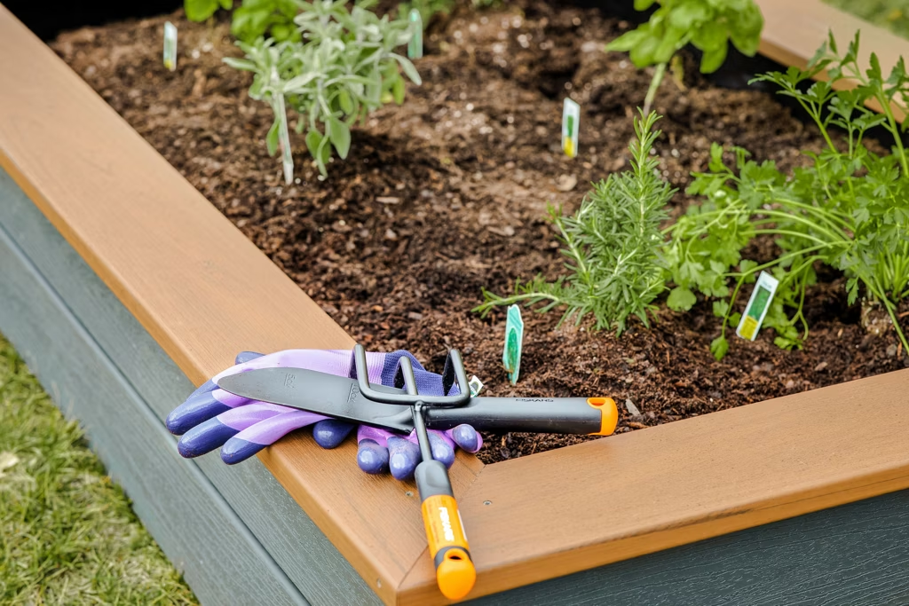 Gloves under hand tiller on the edge of a raised bed.