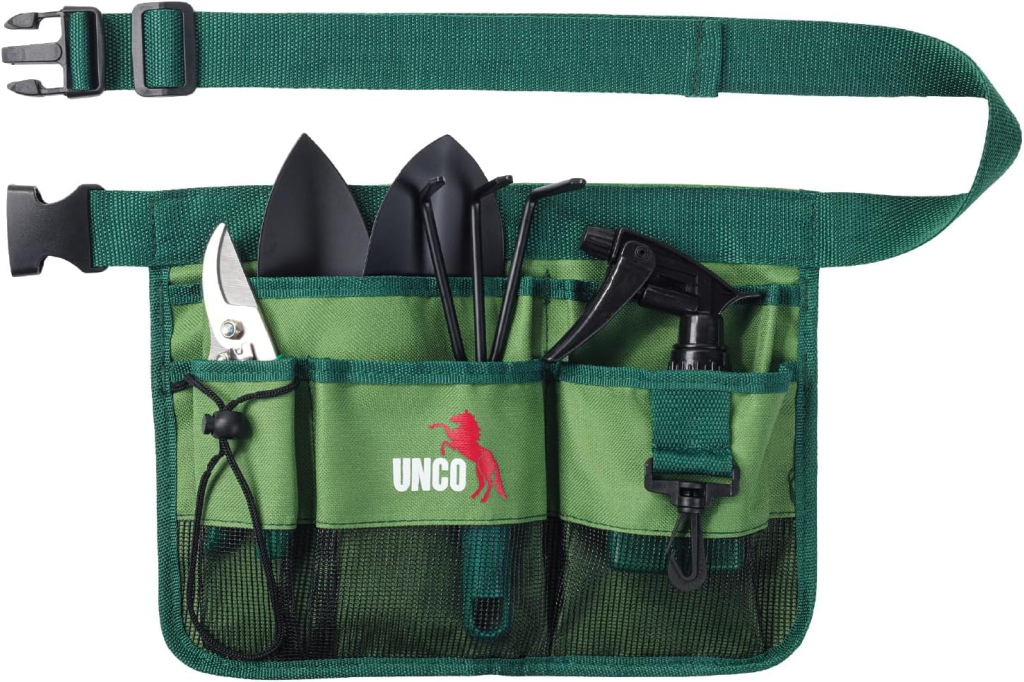 A UNCO- Adjustable Gardening Belt filled with gardening tools on a white background.