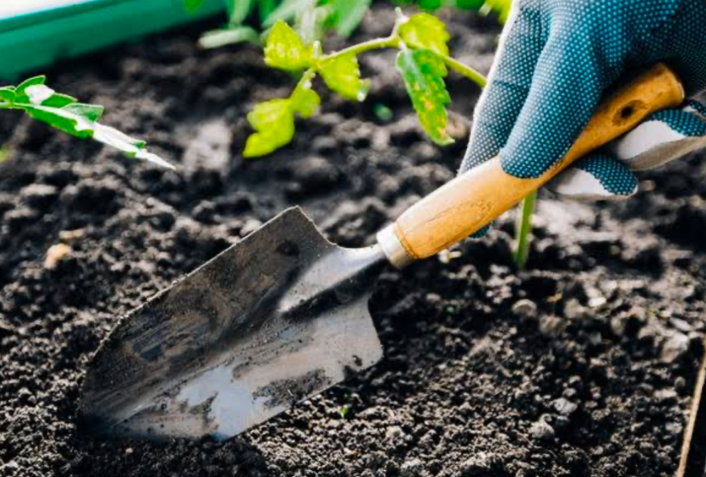 A gardener's gloved hand using a trowel to dig into a garden's soil.