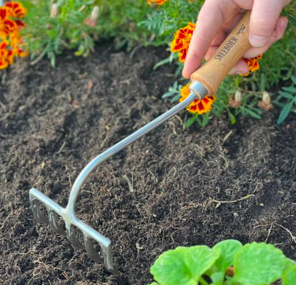 A gardener's hand using a hand rake in their garden's soil.