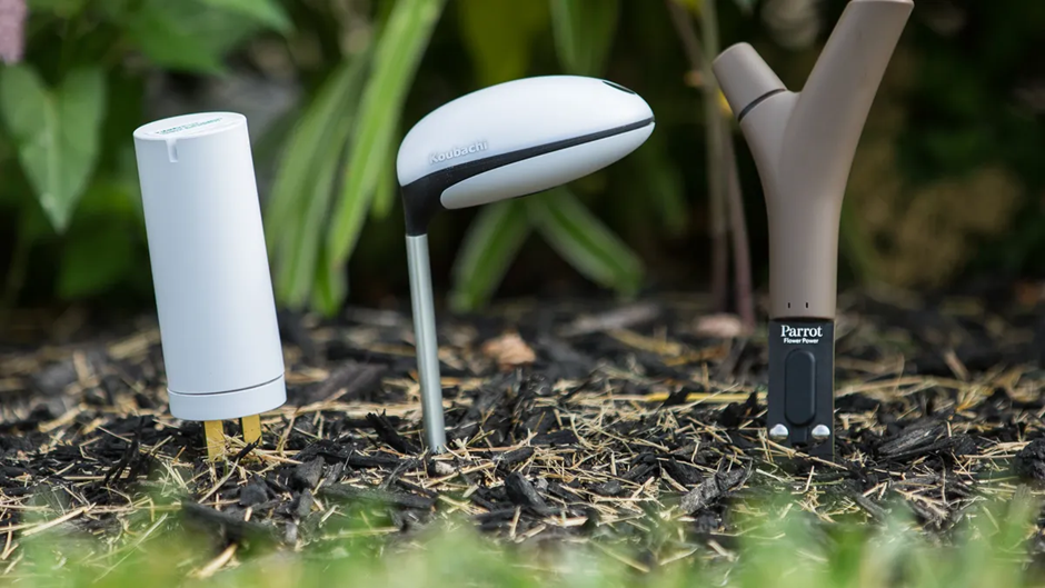 Smart soil moisture sensors (Parrot Flower Power, Koubachi) placed in garden mulch.