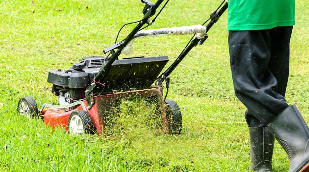 A landscaper pushing a lawn mower along an overgrown field.