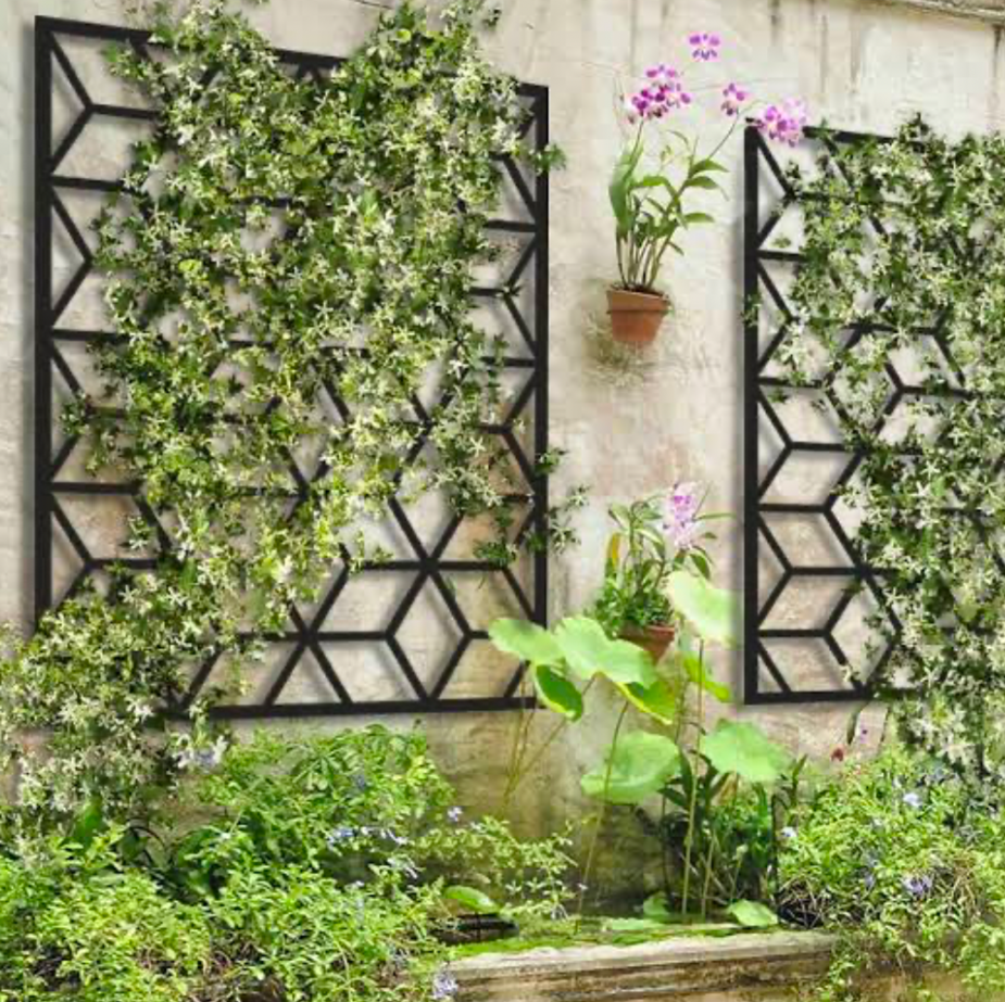 Geometric wall trellis covered in climbing vines for vertical garden design.