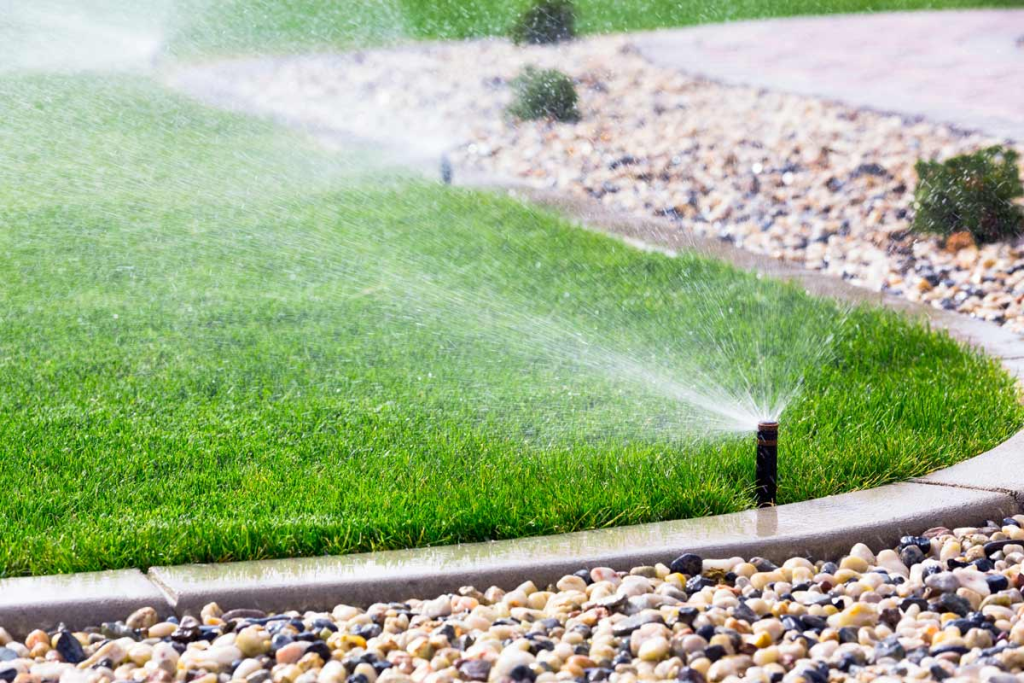 Sprinklers being used on a lush green lawn.