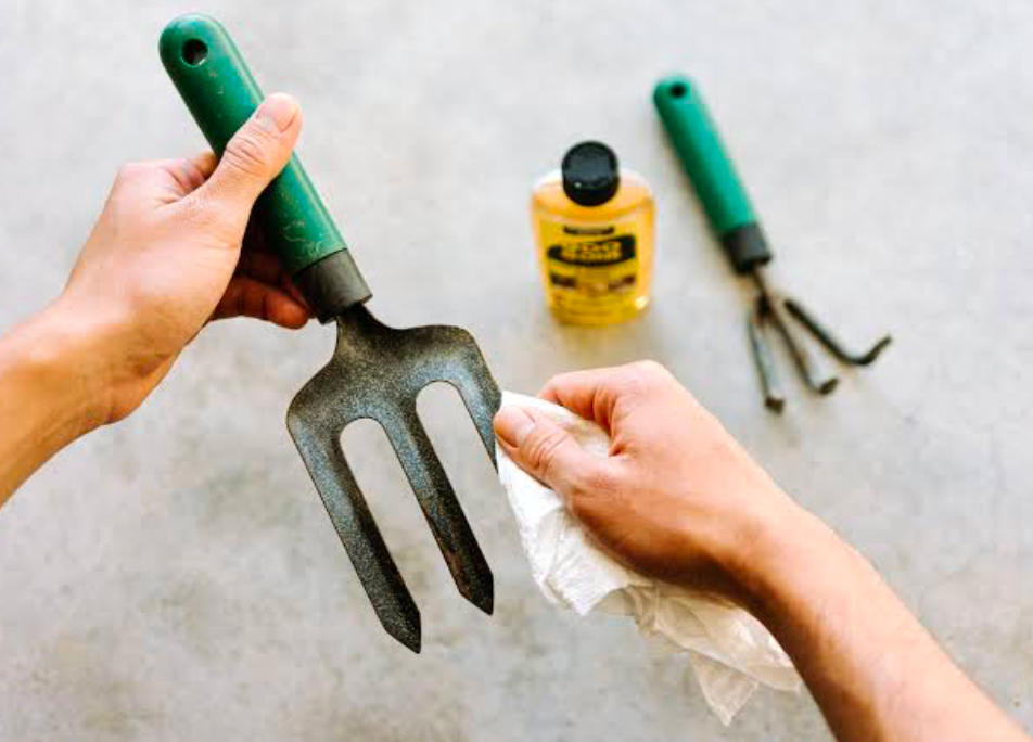 A hand fork being cleaned by a gardener with a cloth.