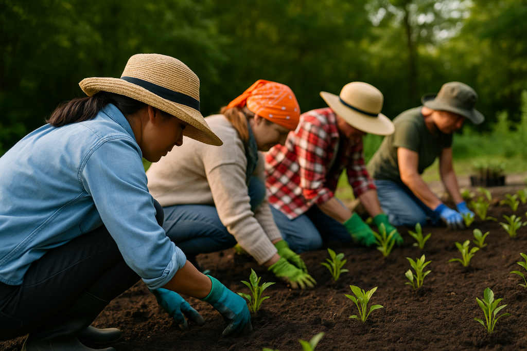 Community gardeners planting seedlings in rows outdoors