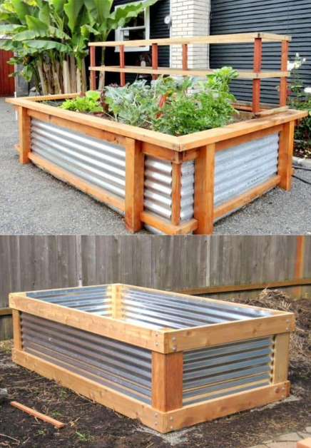 Zinc siding held by wooden frames to create a raised bed.