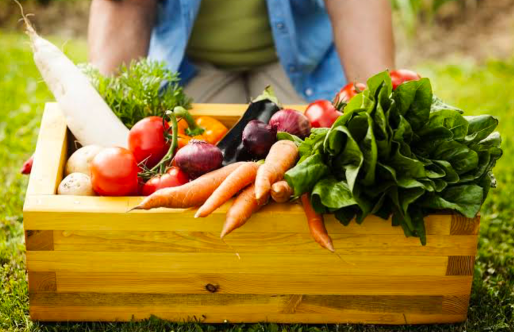 A gardener holding a wooden crate of harvested fruits and veggitables.