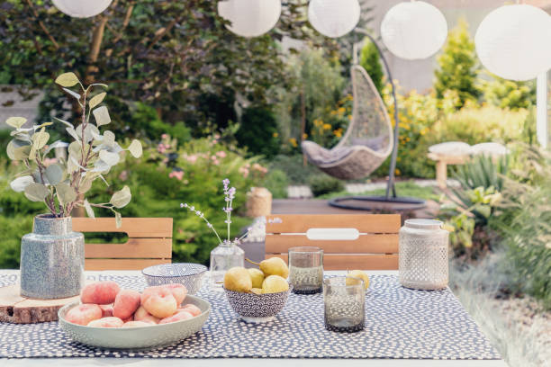 Plant and food on table in the garden with blurred hanging chair in the background