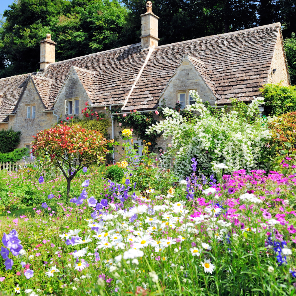 A cottage with a forrest for a garden in the front yard.