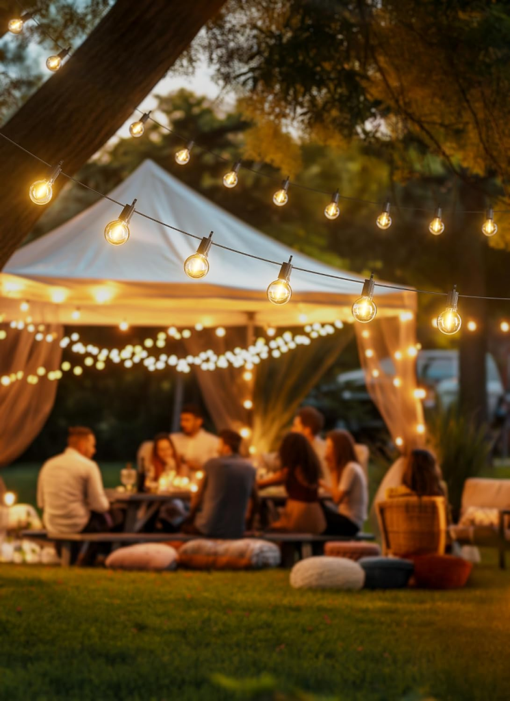 String lights hanging in a line in the foreground while a family dines under a gazebo in the background.
