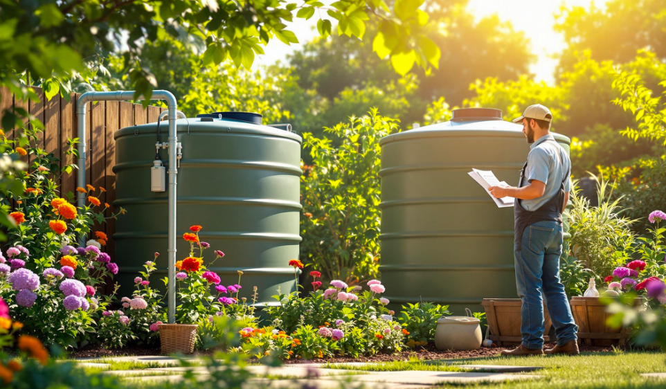 A diagram showing maintenance being done on water storage systems in a garden.