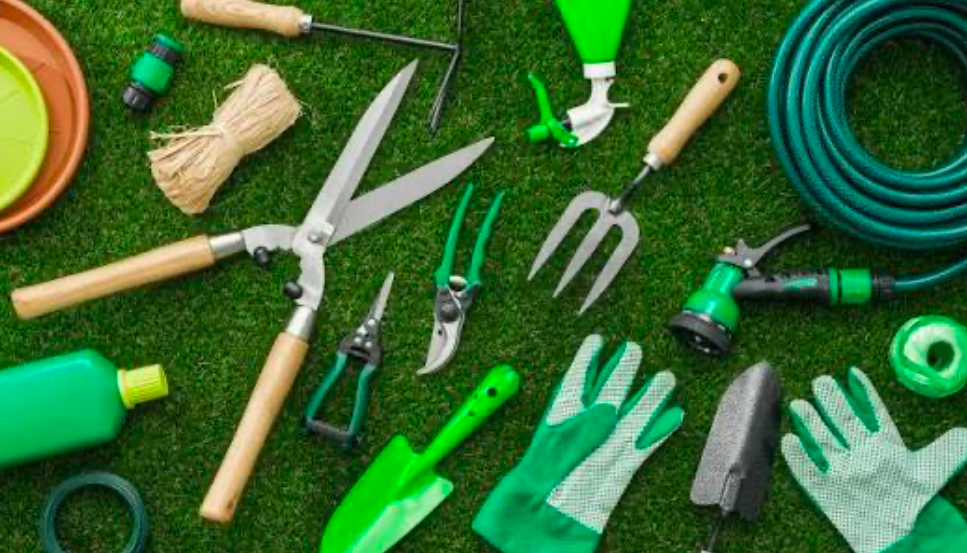 Essential hand gardening tools laid out on grass for beginner and home gardeners