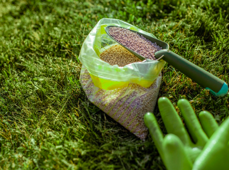 Granular lawn fertilizer pellets with scoop and gardening gloves on grass