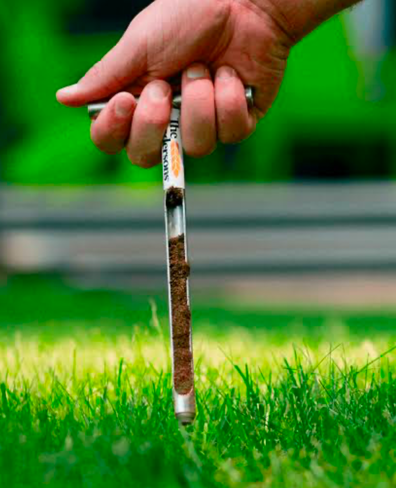 Soil test probe measuring lawn soil composition for proper fertilizer application