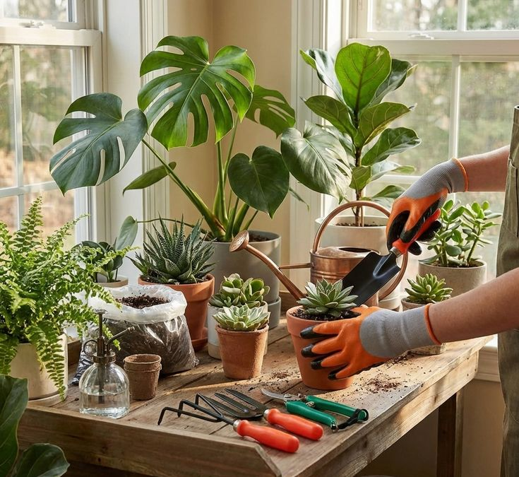 Indoor plant potting setup with gardening tools, gloves, watering can, and houseplants near a sunny window