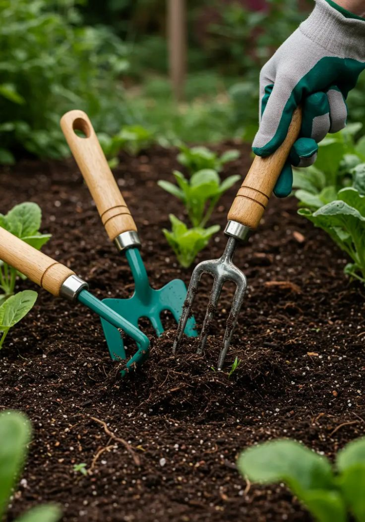 Indoor plant potting setup with gardening tools, gloves, watering can, and houseplants near a sunny window