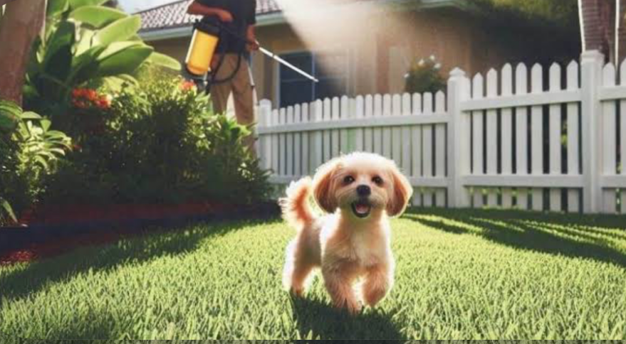 Small dog running on fresh green lawn while homeowner sprays lawn treatment in backyard