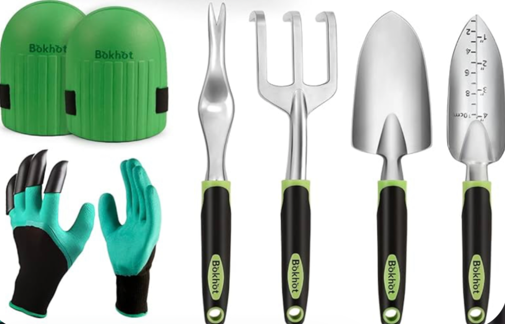 gardening tools set with hand trowel, fork, weeder, gloves and knee pads