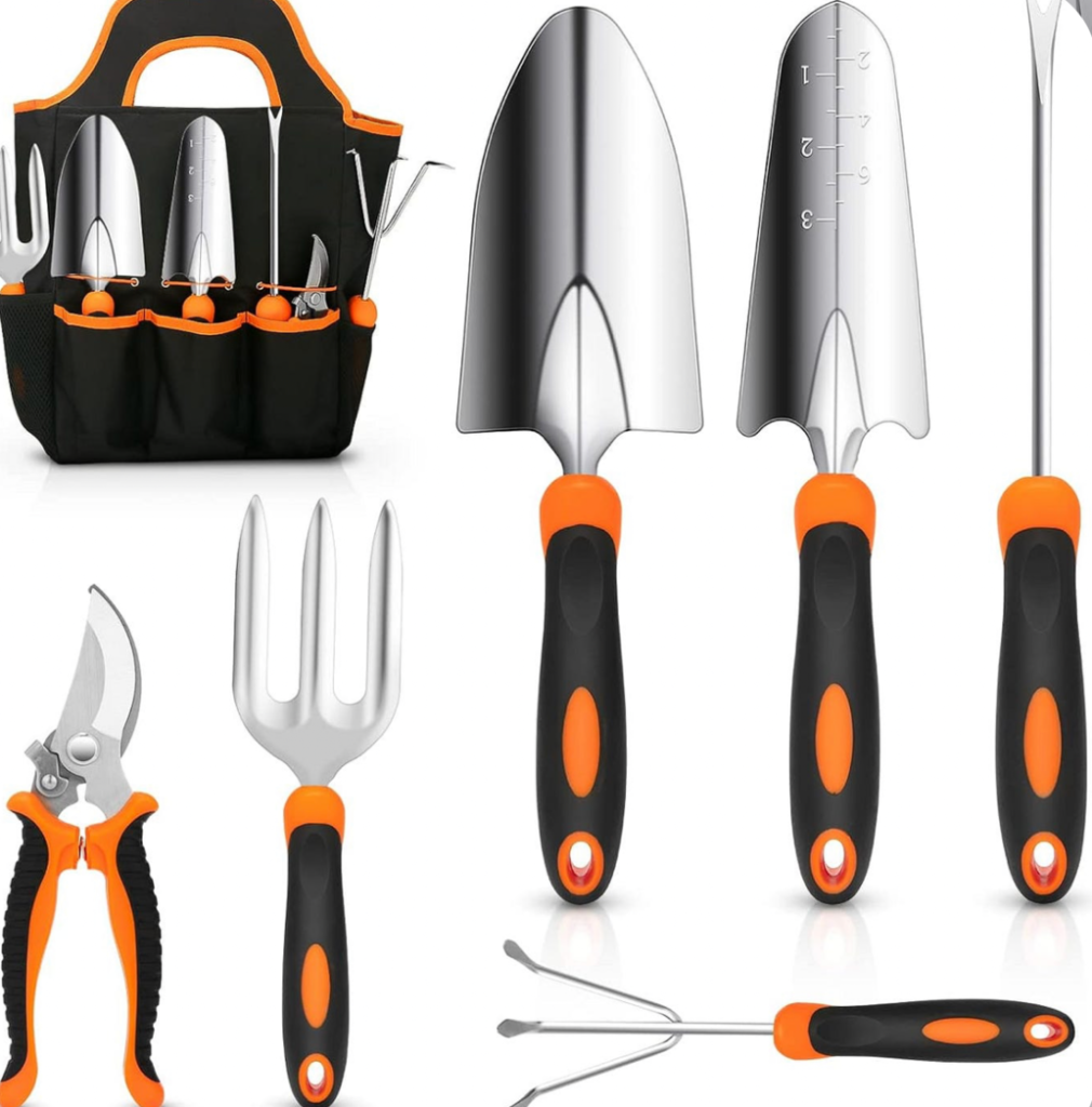 garden tools set with trowel, transplanter, fork, pruner and carry bag