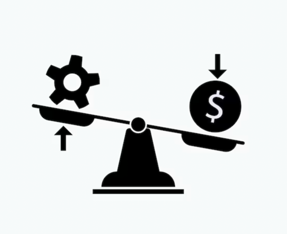balance scale illustration showing cost versus value with gear and dollar icons