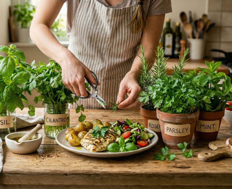 preparing healthy meal with fresh herbs like cilantro, parsley, rosemary and basil on kitchen table