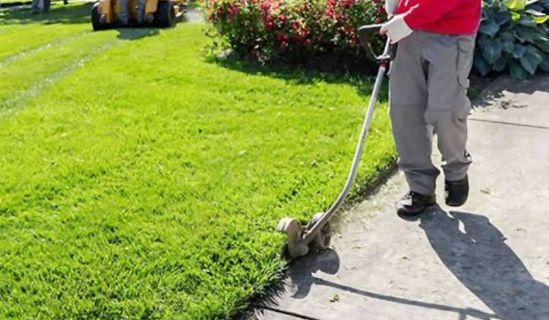person using a lawn edger to trim grass edges neatly along a sidewalk