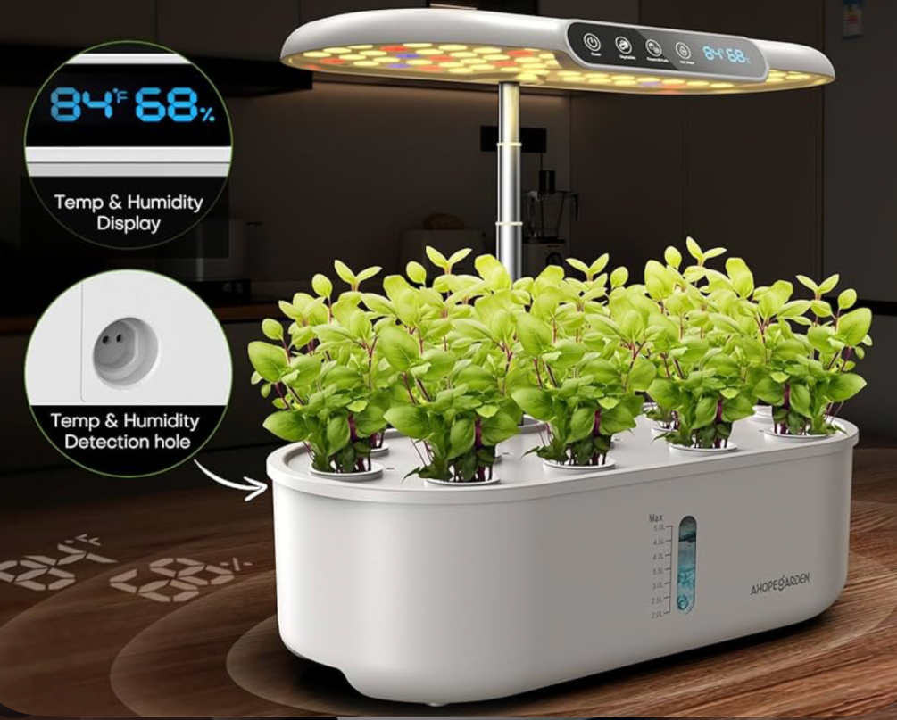 smart indoor hydroponic herb garden with led grow light and fresh basil plants