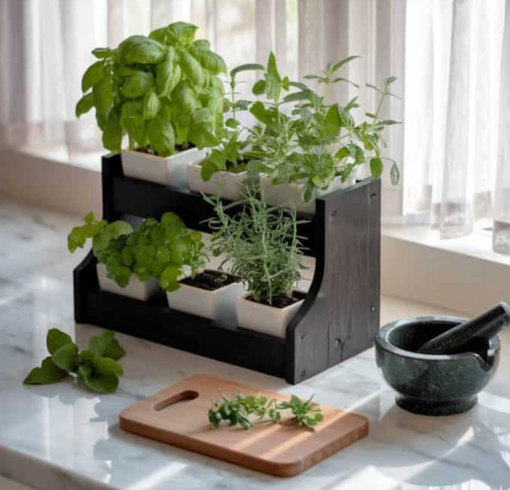 compact countertop herb garden stand with fresh basil rosemary and mint plants